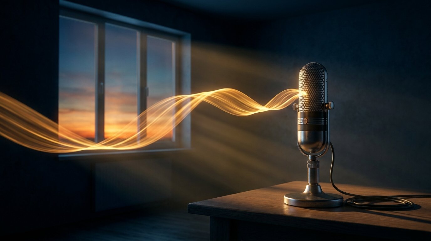 A studio microphone at dawn with a ribbon of light flowing from it toward a window
