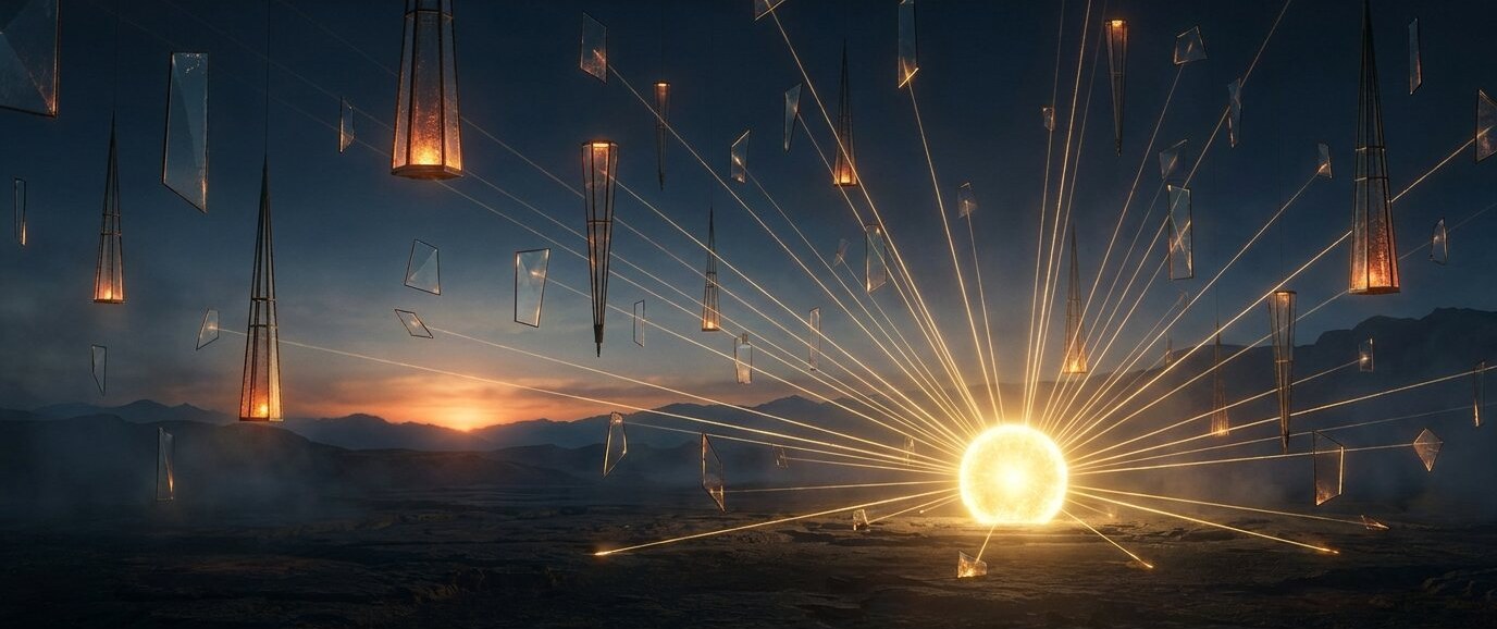 One bright source of light sending beams out to many panes of glass and towers
