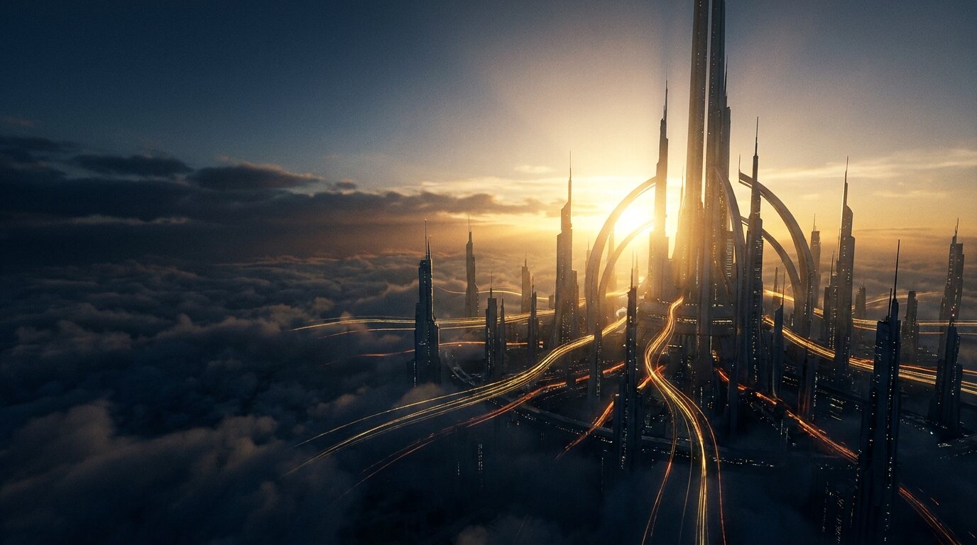 A city above the clouds at first light, with rivers of gold light running between its towers