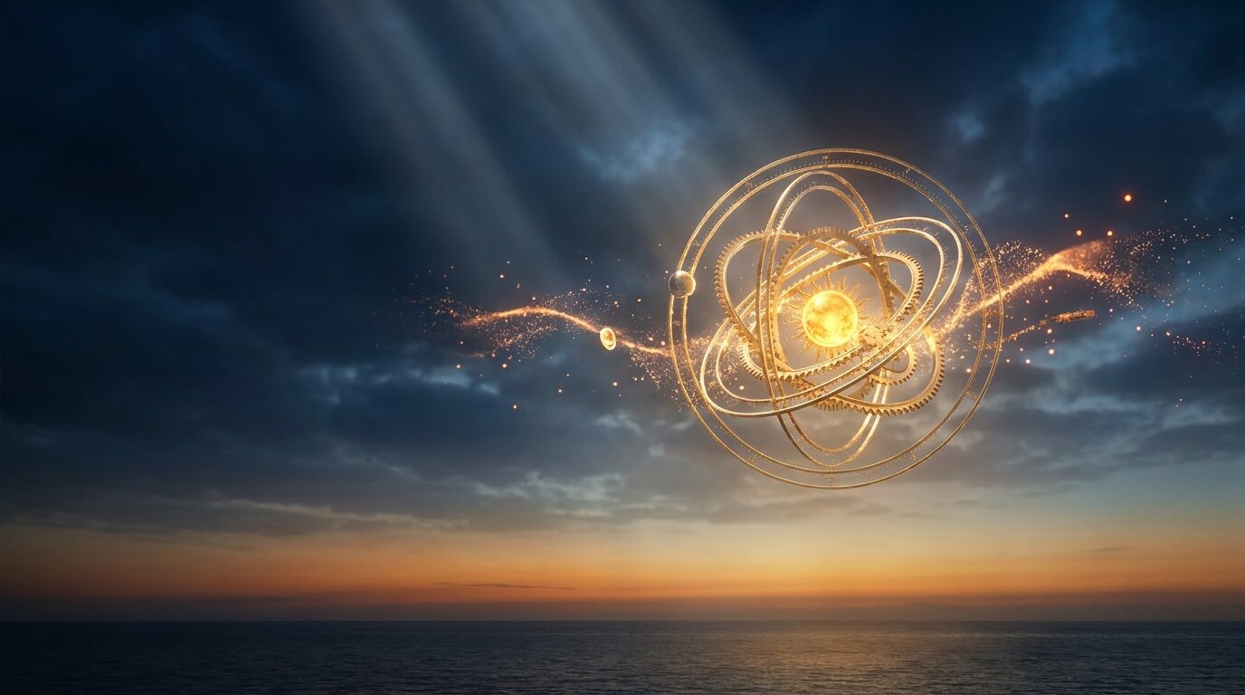 A golden mechanism of rings assembling itself above the sea at dawn