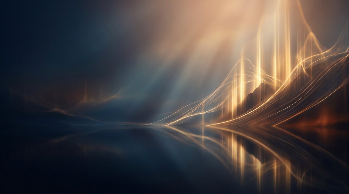 A landscape of rising golden lines at sunrise, reflected in still water