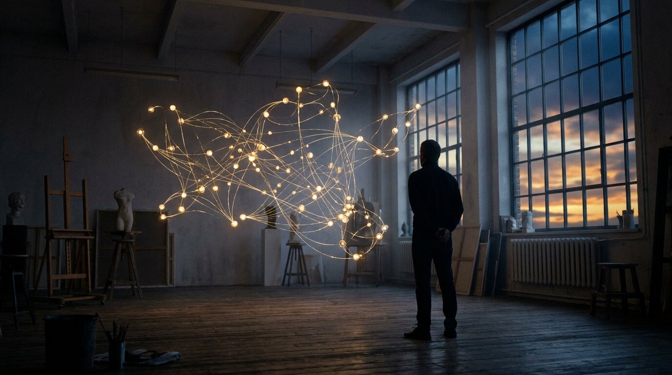 One person in a quiet studio at dawn, facing a constellation of small lights working together